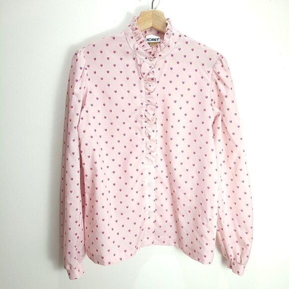Vintage Koret USA Pink Frilly Ditsy Leaves Blouse - Picture 1 of 16